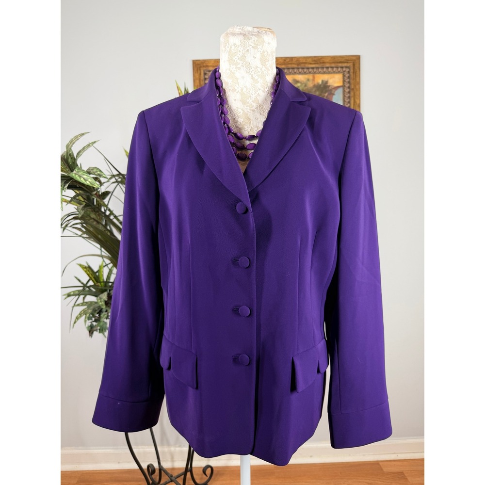 Kasper Blazer Women 14 Purple Polyester Notched Lapel Button Front Professional